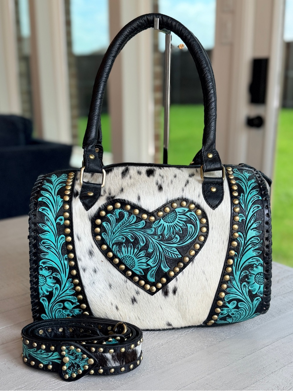 Genuine Leather Cowhide Western Speedy Heart Purse Turquoise Tooled Satchel Bag